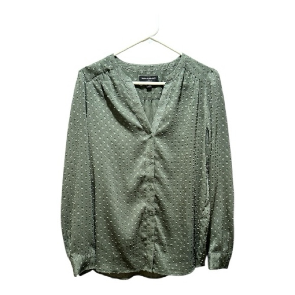 Banana Republic Swiss Dot V-Neck Blouse Top Olive Green Medium